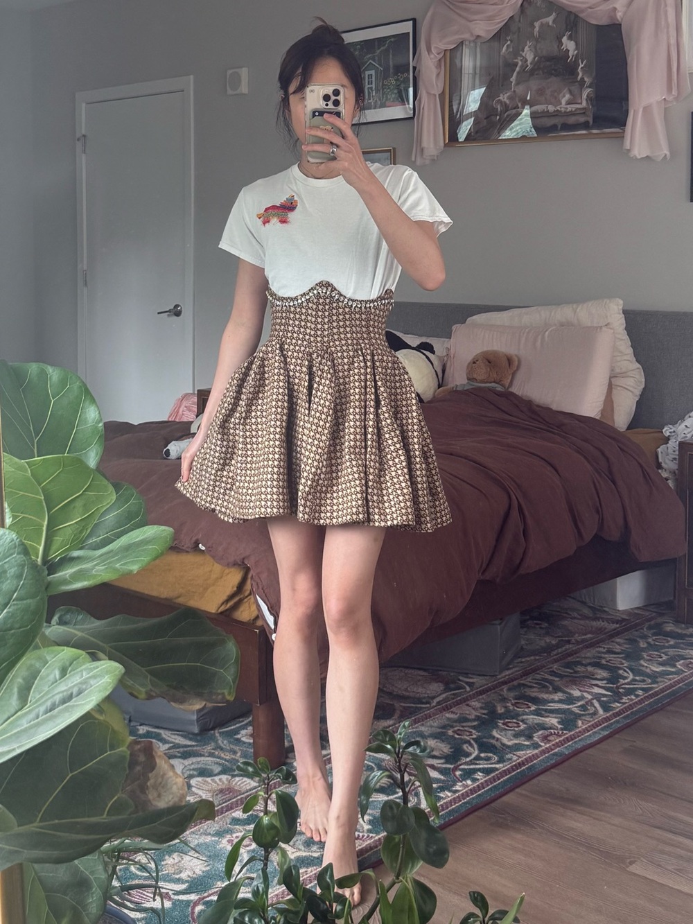 Area NYC high waisted brown Houndstooth corseted skirt with rhinestone trim